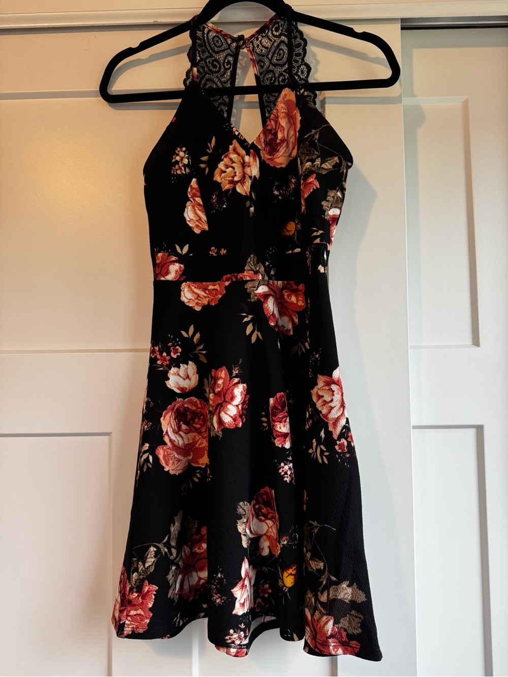 Blu Pepper Black Mini Dress with Pink and Cream Rose Print